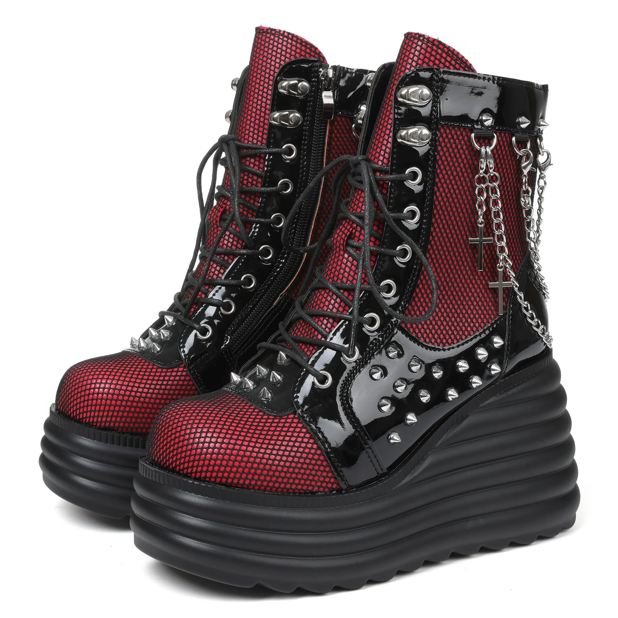Clearance Sale Women Goth Chunky Ankle Boots Cross Decor Chain Platform Zip Round Toe Lace Up Combat Bootie Wedge Rave Boots Black Red Punk Shoes Clearance Sale AOSPHIRAYLIAN