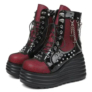 Women Goth Chunky Ankle Boots Cross Decor Chain Platform Zip Round Toe Lace Up Combat Bootie Wedge Rave Boots Black Red Punk Shoes AOSPHIRAYLIAN