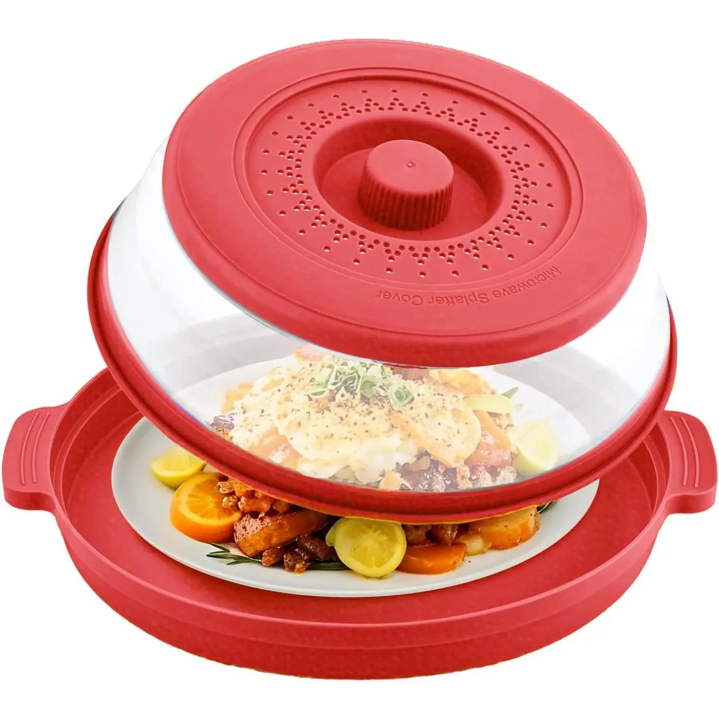 Microwave Splatter Cover, Microwave Cover for  with Anti-scald Tray, Collapsible Microwave Plate Cover, 10.7 Inch Large Microwave Cover, Multi-functional Kitchen Covers - Red