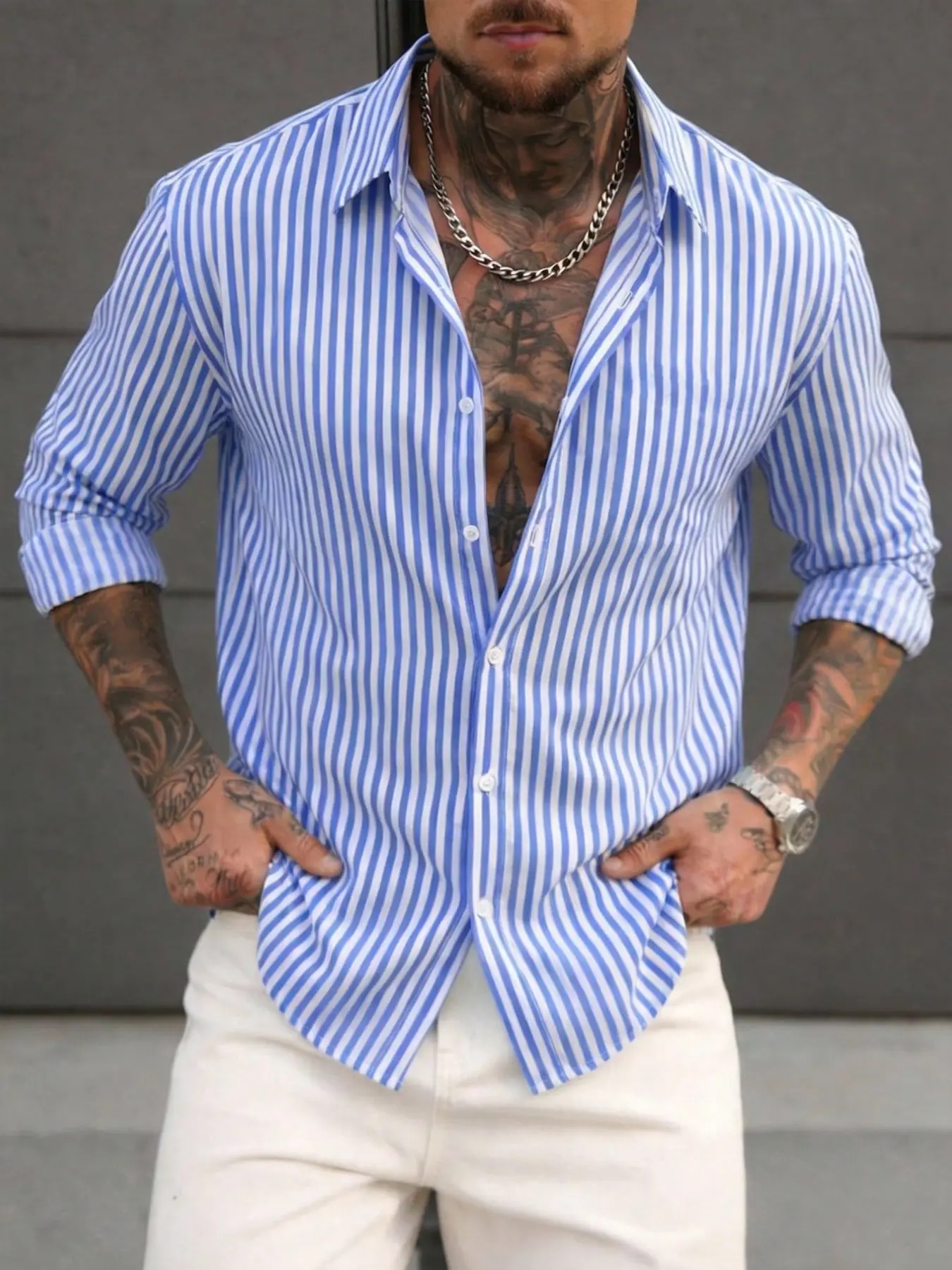 Men's Casual Long Sleeve Striped Collared Shirt, Casual Striped Design, Casual Stylish Menswear, Comfortable Breathable Fabric, Ideal for Outdoor, Beach, and Daily Wear, Perfect for Relaxing and Leisure, Blue and White Stripes