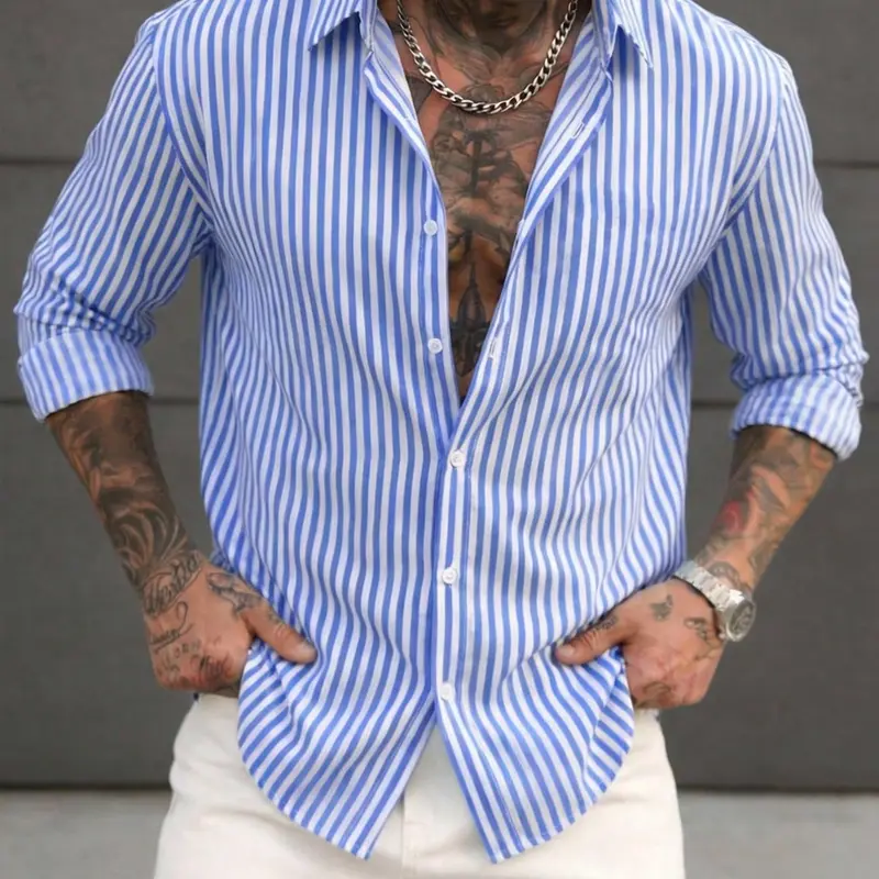 Men's Casual Long Sleeve Striped Collared Shirt, Casual Stylish Menswear, Comfortable Breathable Fabric, Ideal for Outdoor, Beach, and Daily Wear, Perfect for Relaxing and Leisure, Blue and White Stripes, Striped Shirts