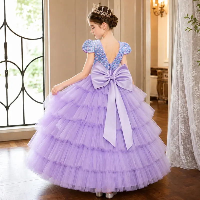 Girls Princess Ball Gown Dress with Sequin Bodice, Tiered Tulle Skirt & Oversized Bow, Elegant Birthday Party Wedding Flower Girl Formal Dress