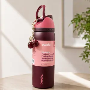 [NEW2026] Owala FreeSip 32oz Water Bottle Black Cherry with Cherry Charm Keychain, Leak Proof Vacuum Insulated Stainless Steel Bottle