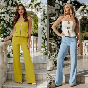 SCRUNCHED BUTTON DRESSY TWO PIECE SETS - STRAPLESS - MICRO SLIT ON TOP AND BOTTOM TRIM