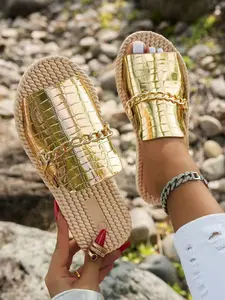 Women's Fashion Chain Decorated Glitter Strappy Sandals, Summer Comfortable Flat Shoes, Soft Sole, Lightweight Breathable Beach Vacation Shoes