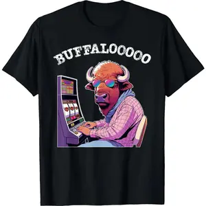 Buffalo Casino Slot Machine T-Shirt - Funny Graphic Print Unisex Crewneck Sports Tee for Men & Women - Cotton Soft Breathable Fabric Casual Menswear Streetwear Top