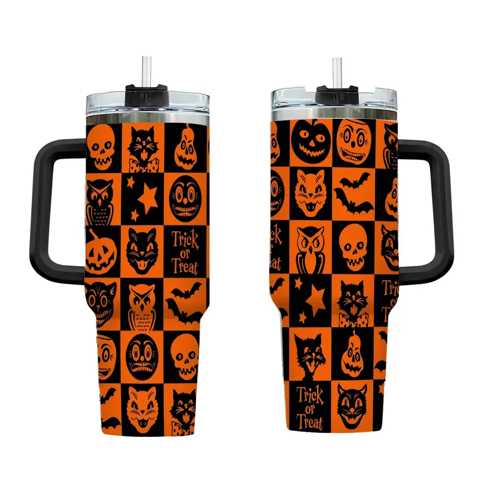 40 Oz BPA Free With Handle & Straw Retro Halloween Checkerboard Travel Mug For Cars Water Bottles Outdoor Sports Drinkware Flasks Spooky Gift Trick Or Treat Gift