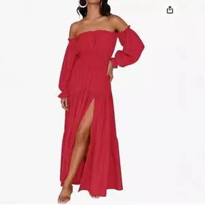 SULTRYGLOW Women's Elegant Off Shoulder Puff Sleeve Maxi Dress - High Slit Ruffle Flowy Party Wedding Guest Outfit