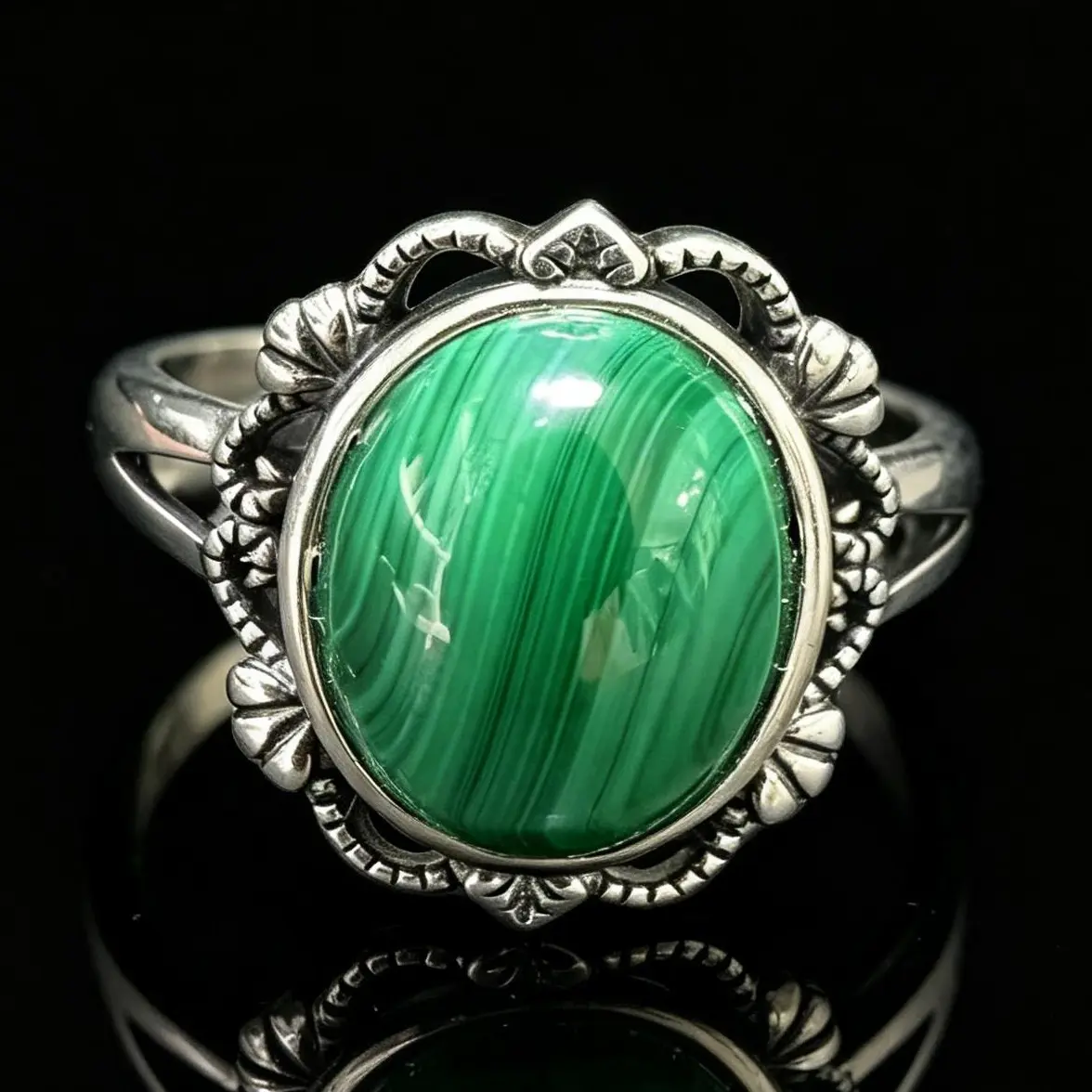 Vintage Natural Malachite 925 Silver Adjustable Ring