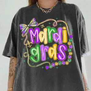 Mardi Gras T-shirt, Colorful Festival Graphic Tee, Fun Party Shirt for Mardi Gras Celebration, Beads & Bow Design, Unisex Casual Wear for Mardi Gras Lovers