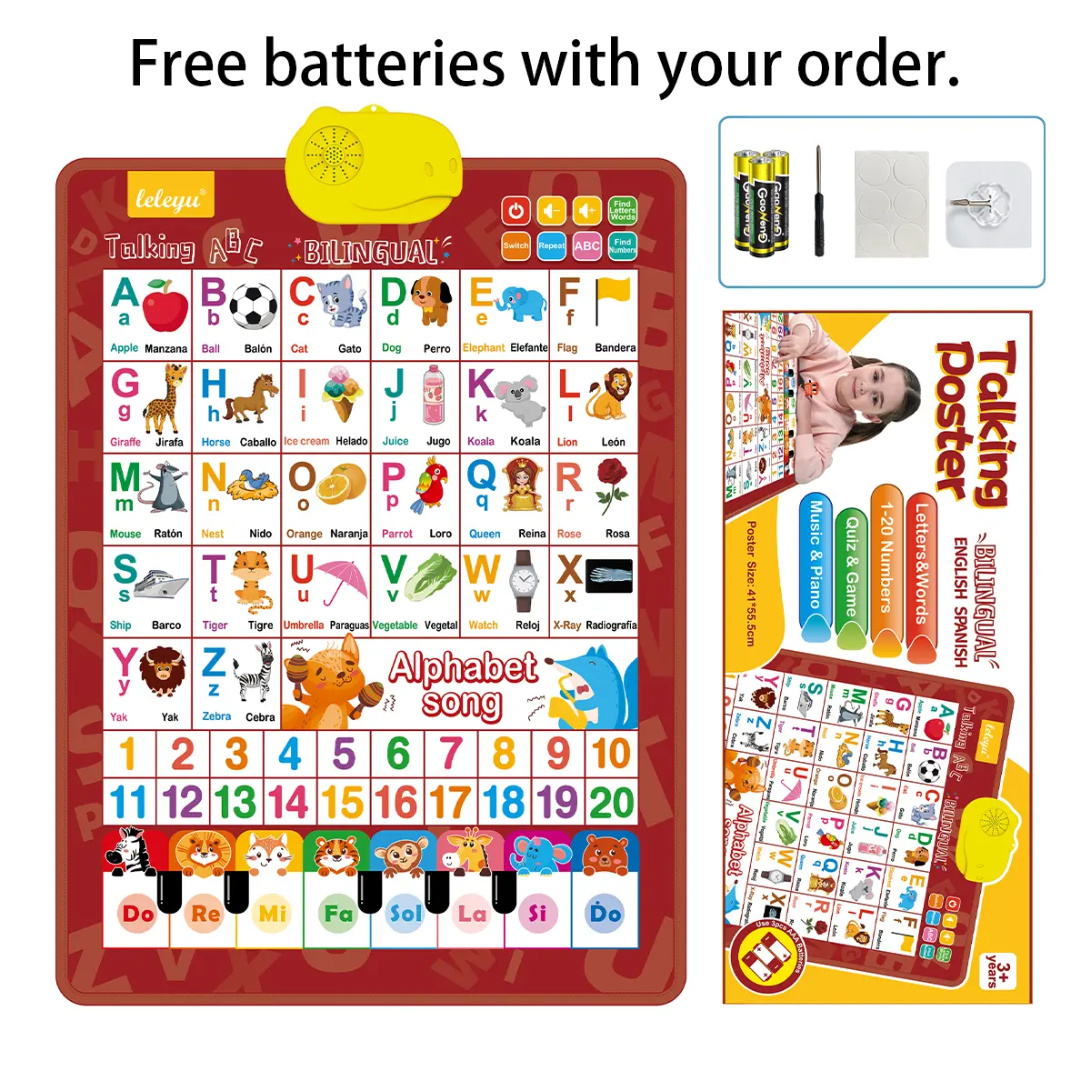 Bilingual Electronic Learning Device - English-Spanish 26-Letter Interactive Wall Mount Chart, Waterproof Fun Kids’ Early Learning Tool with Numbers, Alphabet, Talking Features for Family Education