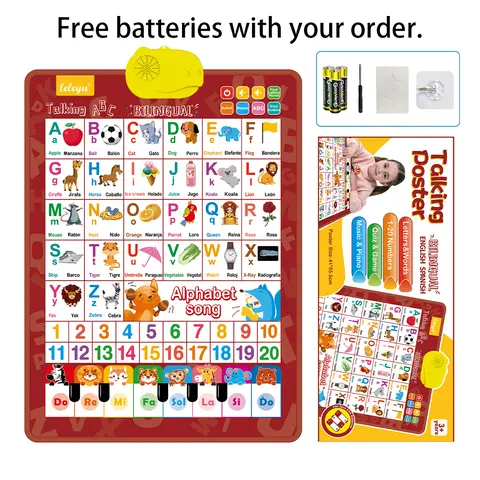 Bilingual English-Spanish Interactive Point-Read Chart - 26-Letter Electronic Learning Device, Durable Wall Mount, Waterproof Oil-Resistant, Numbers, Pronunciations, Music, Piano, Adjustable Volume, Double-Sided Tape to Boost Language Skills