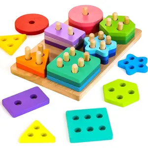 L-ITC028  Wooden Sorting & Stacking Toys, Montessori Toys for 1 2 3 Years Old Toddlers, Shape Sorter Puzzles with 24-Piece Large Geometric Blocks & 12 Word Cards, Gift for 12+ Months Baby Boys Girls