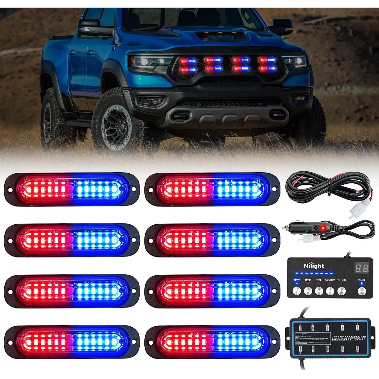 Nilight 8PCS 12V-24V LED Strobe Light Bar Car, 12-LED Surface Mount Lights with Sync Controller for Vehicles, Trucks, RVs, Driving Light Strip, Led Backlights