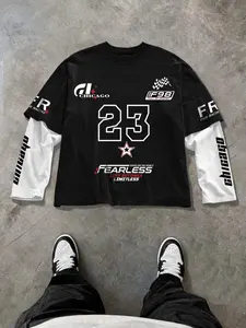 Men's Two-Piece Patchwork Colorblock Short Jacket, Graphic Print, Racing Style, Loose, Gothic Metal Cross, Chicago 93, All Seasons, Casual Streetwear, Fashion, Long Sleeve