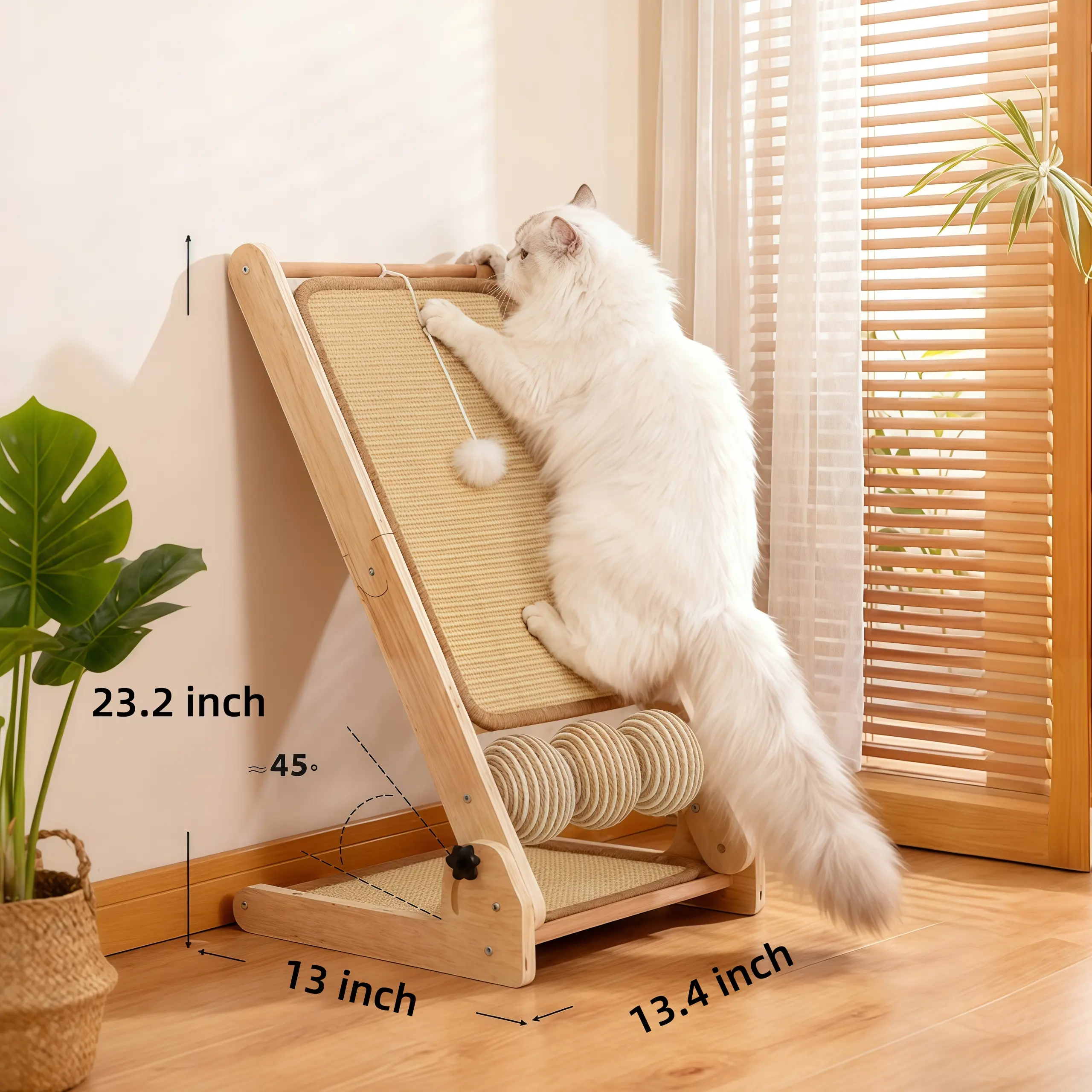 Large Sisal Scratcher Ramp - L-Shape Eco-Friendly Natural Wood Pet Furniture with Interactive Toys, Climbing Post, Scratch Pad, Cozy Bedding, Space-Saving Design, Easy to Assemble & Replace for Indoor Felines, Bedrooms, Living Rooms, Multi-Angles