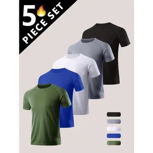 5 Pieces Men’s Quality Lightweight Quick Dry Crew Neck Short Sleeve T-Shirts – Moisture-wicking, breathable, soft and comfortable, Outdoorfun, suitable for summer sports, fitness