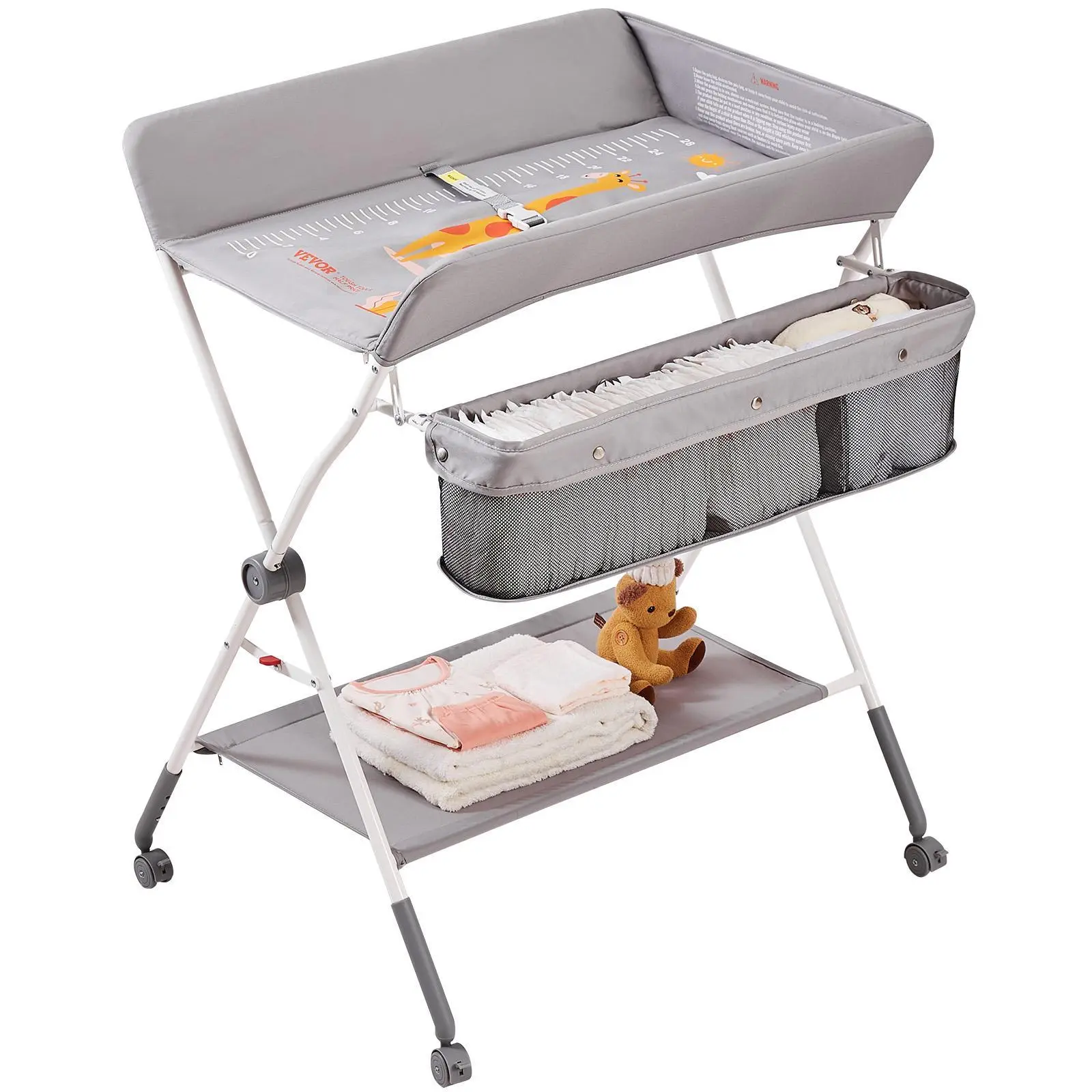 【SummerFinds】VEVOR Baby Changing Table, Folding Diaper Changing Station with Lockable Wheels, Portable Changing Table 3-level Adjustable Heights, with Storage Basket & Hanging Racks for Newborns & Infant