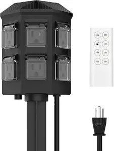 Outdoor Power Stake Timer w/100FT Remote, 6FT Cord, 6 Outlets, Dusk to Dawn Waterproof Timer for Christmas Lights