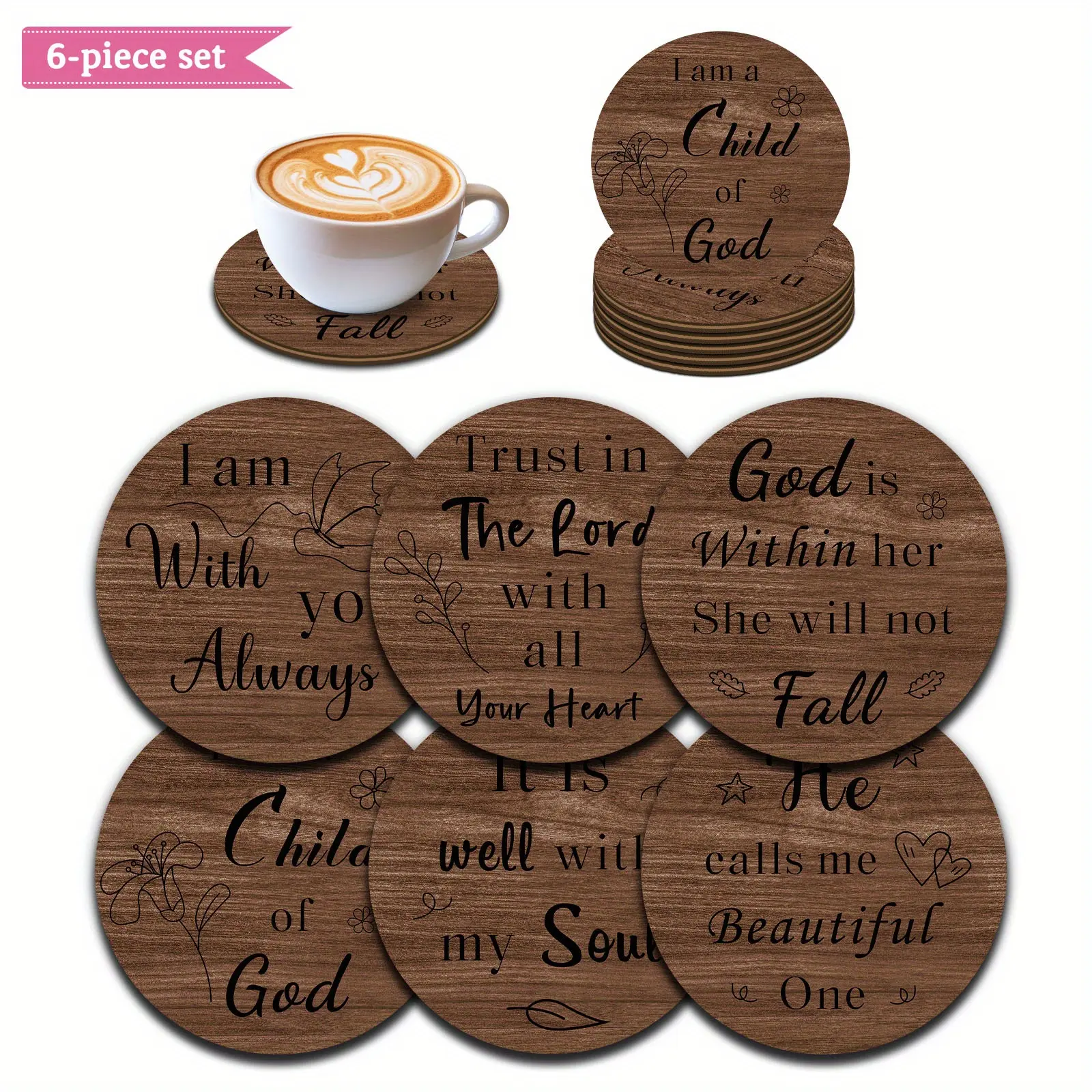 6pcs Coaster Set, Wooden Coasters, Inspirational Scripture Coaster Decoration, Great for Coffee, Tea and Beverages, Home and Restaurant Decoration, Coffee Bar Accessories
