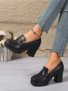 Spring Autumn Women's Matte PU Leather High Heel Pumps, Anti-Slip Rubber Sole, Round Toe, Thick Bottom, Office Fashion Shoes