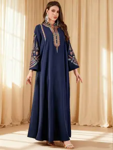Elegant Muslim Women's Long Robe with Colorful Embroidery, Perfect for All Seasons, Stylish and Comfortable Clothing, Muslim Women Gowns