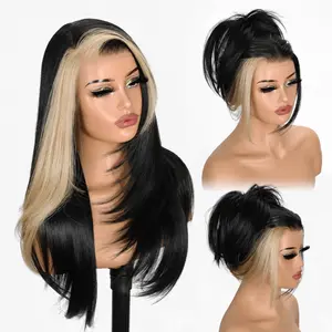 NEWTRESS  Layered Straight 13x6 HD Lace Frontal Glueless Wigs 24 Inch 220% Density with Face Framing Bangs Pre Plucked & Pre Cut Synthetic Hair Vivid Self Growing Natural Hairline Wear and Go for Daily Use and Wig Night