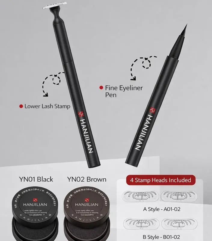 HANJILIAN One-Touch Lower Eyelash Stamp - Waterproof Smudge-Proof Quick-Dry Ink- 2 Eyelash Shapes, Black & Brown Inks, 1 Stamp, 1 Eyeliner Pen