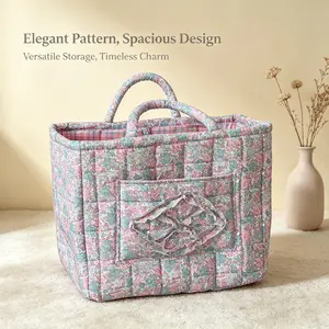 Spring vibe essential: “Spring Flowers” square quilted floral storage basket—gentle yet practical