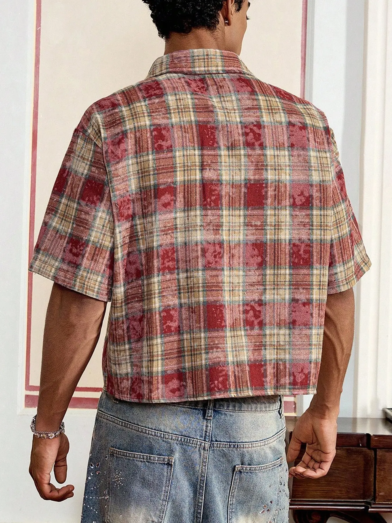 Vintage 90s Cropped Checked Plaid Flannel Shirt, Men