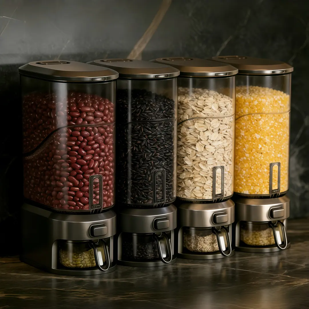 Press-Type Airtight Grain Dispenser with Measuring Cup - Translucent Large-Capacity Dry Food Storage Container, Pest-Proof Space-Saving Kitchen Counter Pantry Organizer for Rice, Beans, Cereals