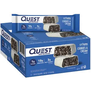 Quest Nutrition Crispy Cookies & Cream Hero Protein Bar, 18g Protein, 1g Sugar, 3g Net Carb, Gluten Free, Keto Friendly, 12 Count