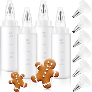 4 Pcs Squeeze Bottle Set – Plastic decorating bottles with 6 piping nozzles for cookie icing, pancake art and baking decoration. Reusable food squeeze dispensers for sauces, desserts and creative culinary projects.