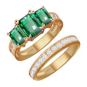 3 Stone Emerald Ring  18K Rose Gold Plated Lab Created Emerald with CZ Vintage Luxury Statement Jewelry Sterling Silver green Engagement Ring