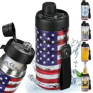 Sealed Can Cooler Fizz Lid Can Cover for 12 oz Regular, Slim Skinny Cans & As Thermal Bottle, 4-in-1 Insulated Vacuum Stainless Steel Carbonated Cold Drink Holder -America Flag
