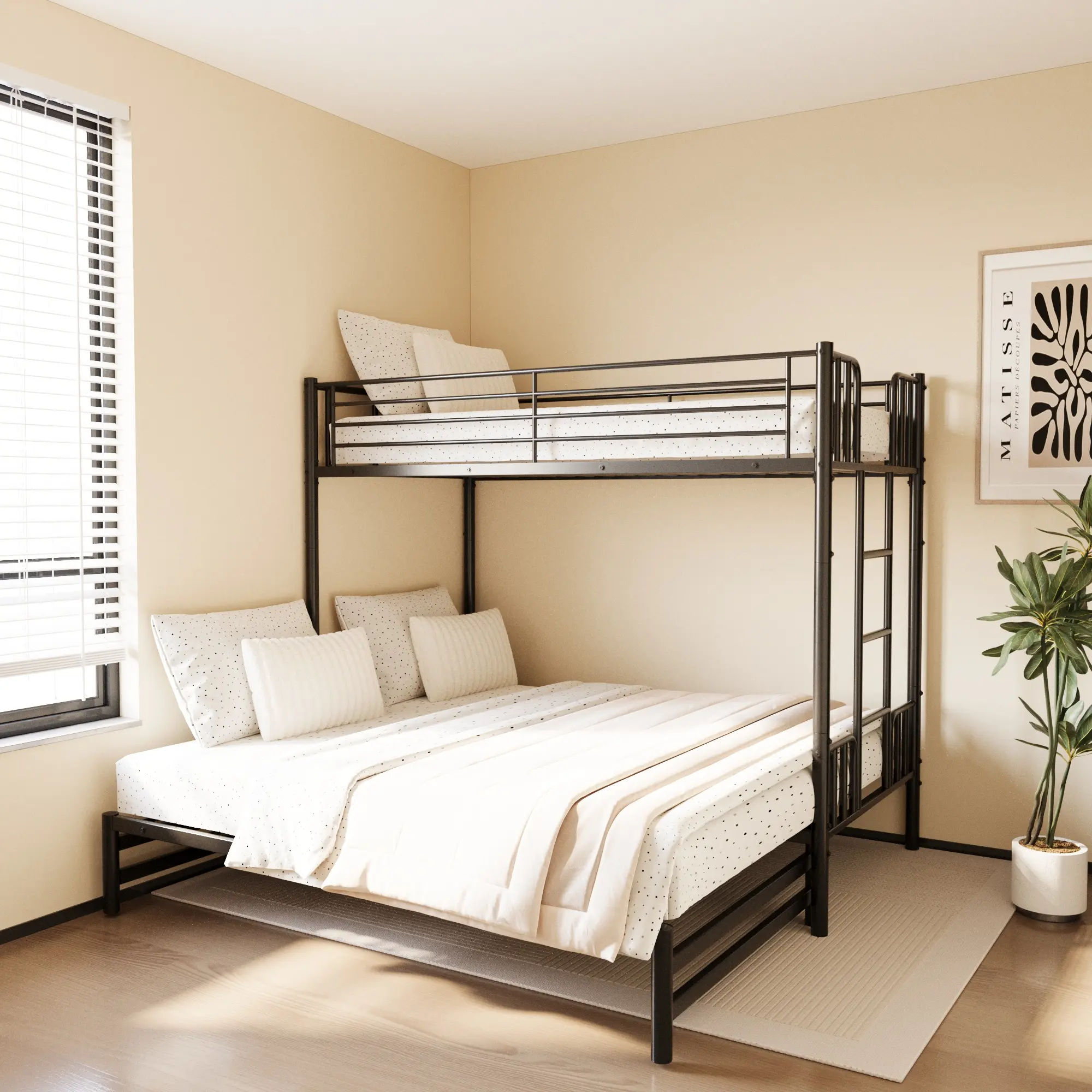 Twin Size Metal Pull-Out Bunk Bed with Guardrail and Built-In Ladder, Space-Saving Convertible Frame for Bedroom, Black
