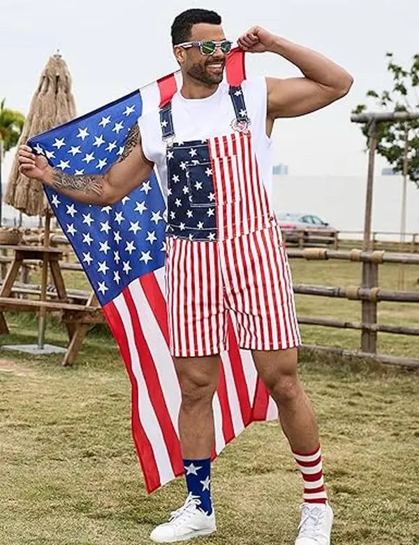 Bindefon 4th of July 4 Piece Set Combo - American Flag Overalls Men,Cape,USA Sunglasses,Patriotic Socks, Menswear, Father's Day Gifts