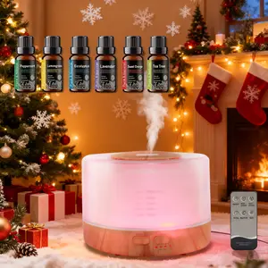 Relaxing  Ultrasonic Wood Grain Aroma Diffuser with 7 Colorful LED Flame Aroma Diffuser, auto shut-off & 6 Starter Oils |  aromatherapy essential oil diffuser for home & office | aroma 360 diffuser