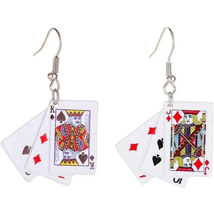 Women's Personality Poker Card Dangle Earrings, Metal Alloy with Alloy Hook, Cool Funny Simulated Game Jewelry for Daily Wear, Pageants, Birthday Occasions, Poker Cards, Lead, 3*4.7Cm, Cadmium, Casual, Drop Earrings, Hypoallergenic Earrings Set, Environme