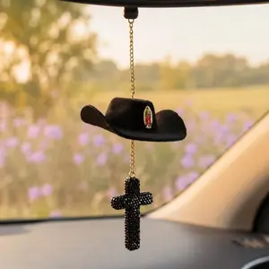 Faith Charm - cowboy hat with Virgin Mary charm and rhinestone trim.  cross hanging charm Car Hanging Decoration Car Decorations