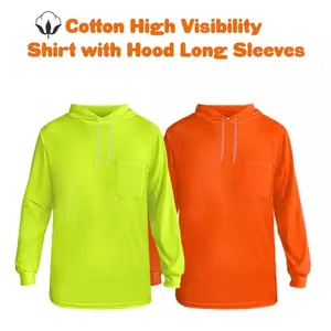 2 pcs Cotton High Visibility T Shirt Safety Long Sleeve with Hood  Lime Orange