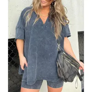 Women Washed 2 Piece SetLounge Set Oversized TopsBiker Shorts V Neck Drop Clothes Suits