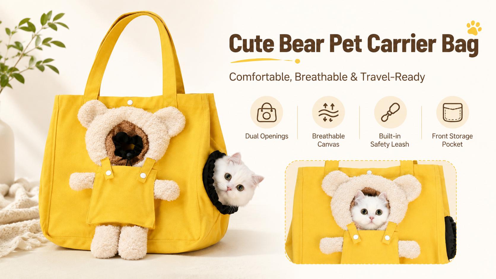 Cute Pet Shoulder Bag for Cats & Small Dogs, Portable Puppy Kitten Carrier Tote, Breathable Travel Bag with Peek-Out Opening, Safety Buckle & Soft Strap