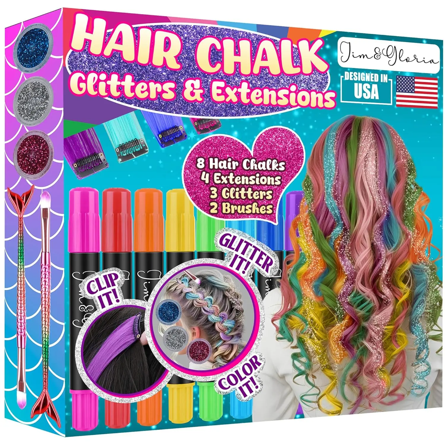 Jim&Gloria Dustless Kids' Temporary Hair Color Chalk Set for Girls Washable with Clip in Hair Extensions, Brushes, Glitters, Gifts for Teen Girls