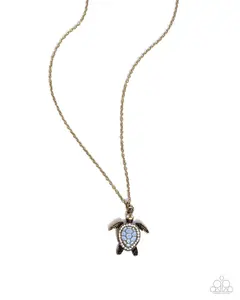 Turtle Tourist - Brass Chain with Brass Sea Turtle with Blue-Painted Shell and Outlined with White Rhinestones Pendant Necklace
