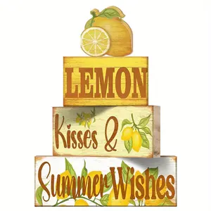 4 Pcs Summer Lemon Decor Wooden Tiered Tray Sign, Farmhouse Rustic Lemon Table Decor Desk Signage Decoration Book Stack Block Hello Sunshine Summer Decorations for Home Office Kitchen Mantel Shelf Home Decor Products