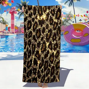 Black Gold Leopard Print Beach Towel, Soft Microfiber, Sparkly Animal Pattern Lightweight Travel Towel, Stylish Glam Design for Adults Teens, Perfect for Vacation, Camping, Gym, Yoga, Ideal Leopard Print Lovers & Fashionable Travelers.