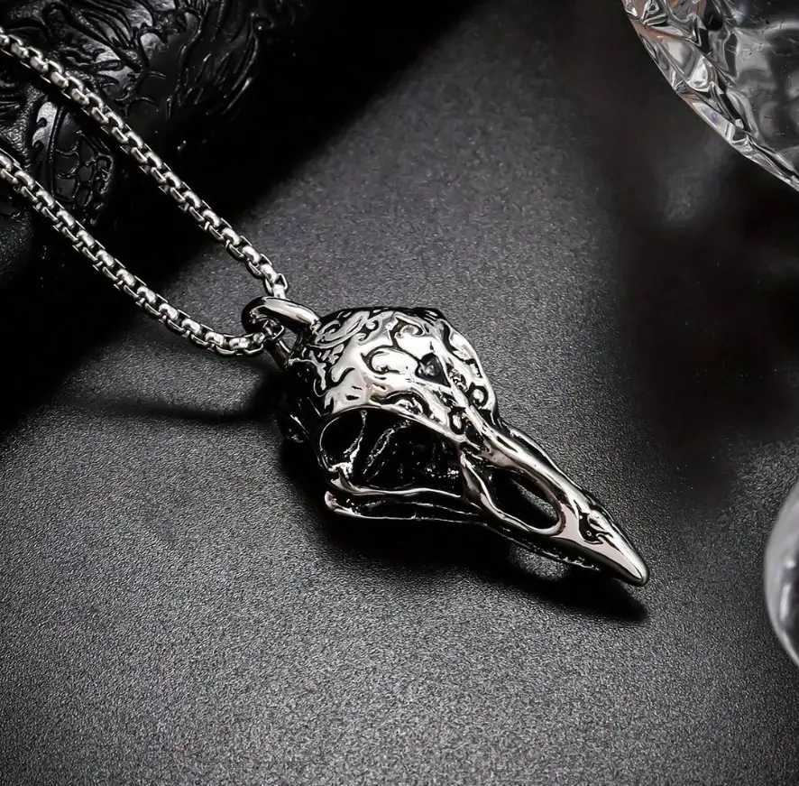 Crow Skull Pendant Necklace for Men Animal Bird Chain Jewelry