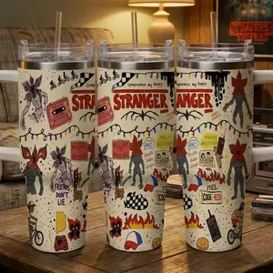 Stranger Inspired Theme Car 40oz Tumbler Vintage Cartoon Illustration Pattern Durable Stainless Steel Double Wall Insulated Leak Proof Easy Carry for Travel Camping Cycling Party Gift Use