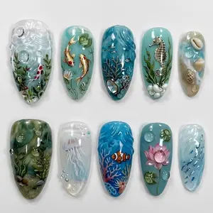 Ocean Aquarium Press On Nails | Handmade Koi Fish Jellyfish Seahorse Clownfish 3D Press On Nails | Coastal Beach Reusable Glossy Fake Nail Set